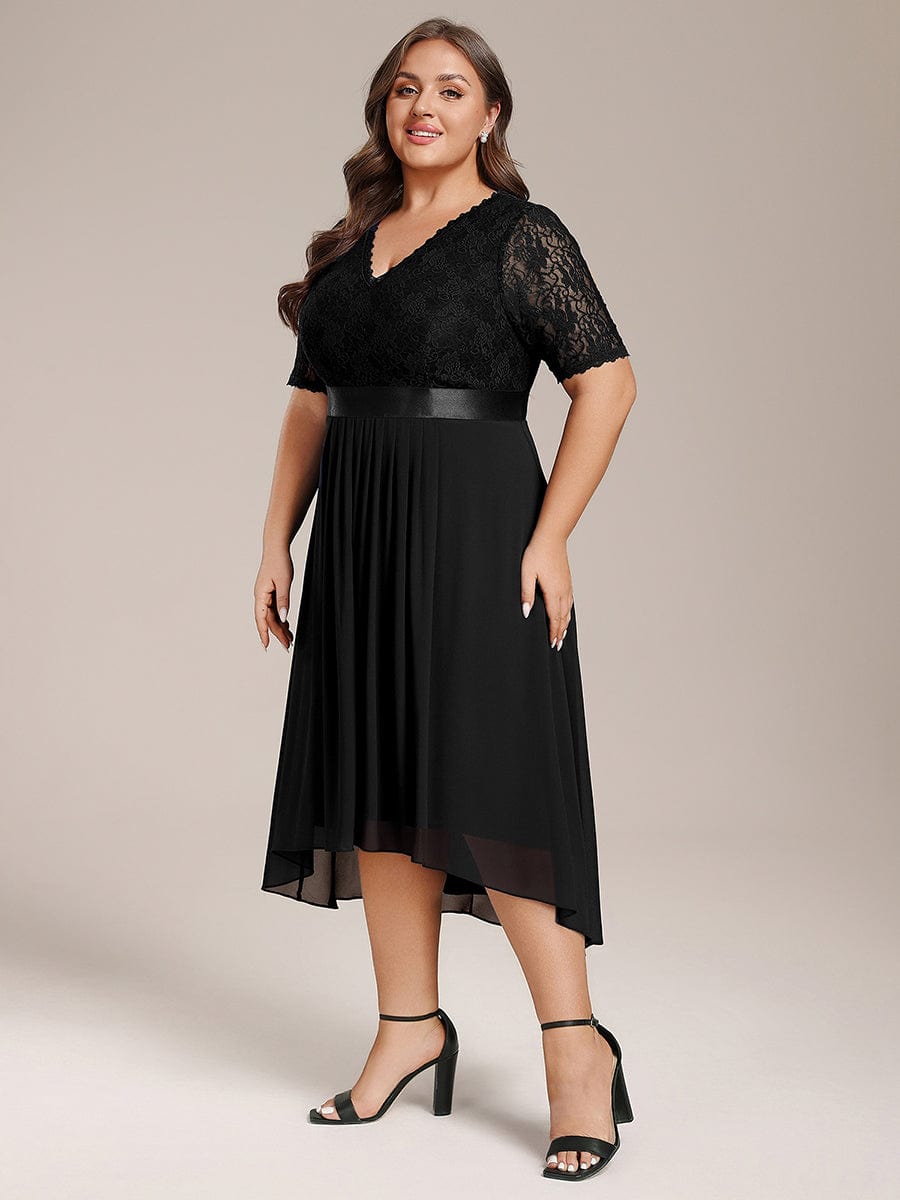 Half Sleeve Pleated V-Neck Lace Midi Wedding Guest Dress #color_Black