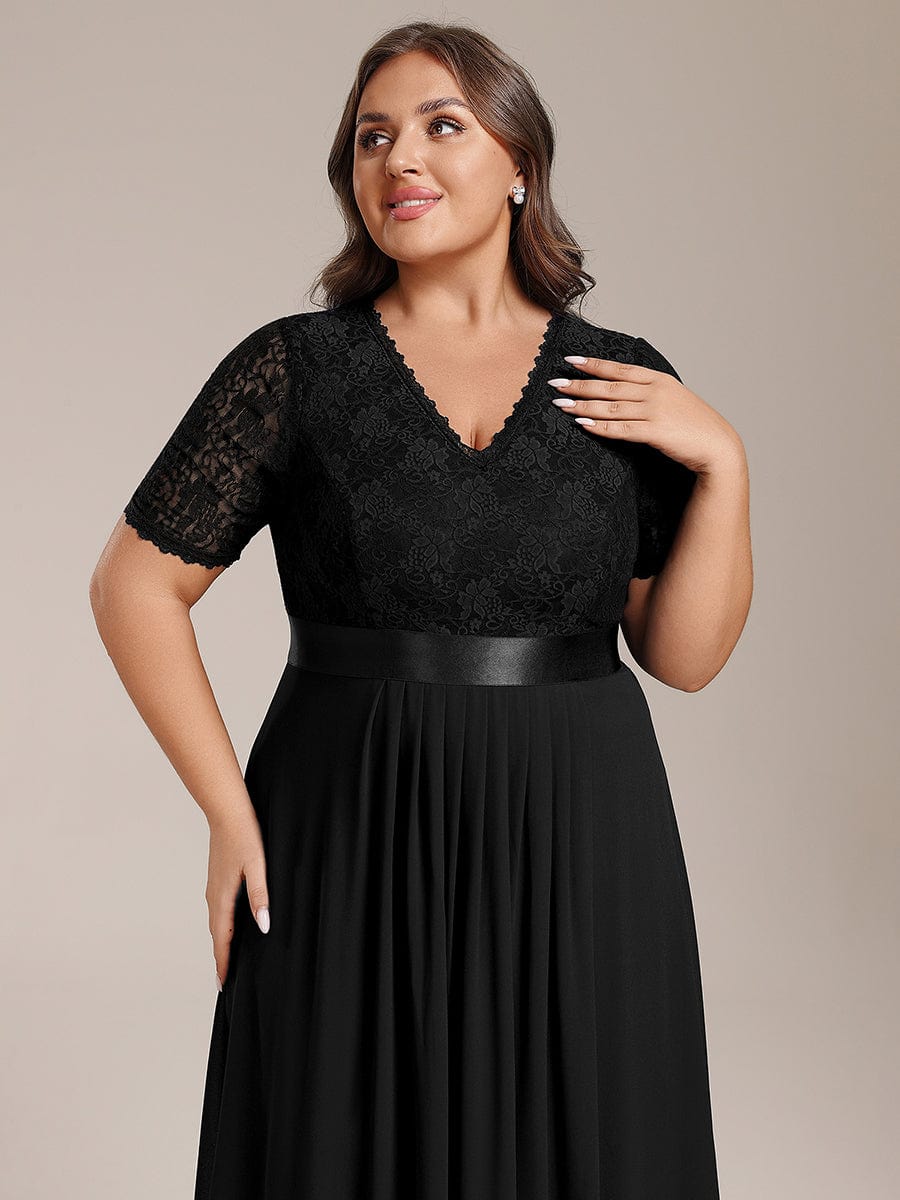 Half Sleeve Pleated V-Neck Lace Midi Wedding Guest Dress #color_Black