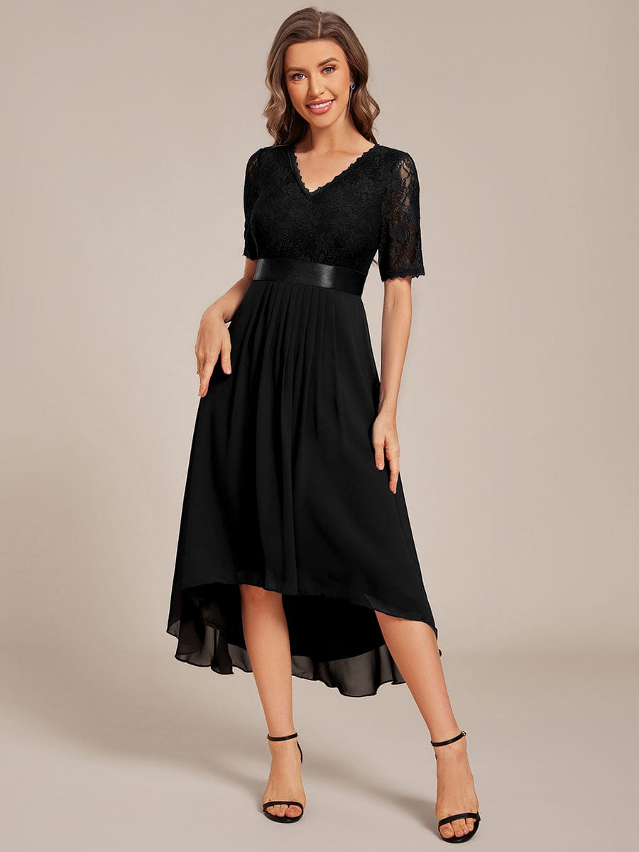 Half Sleeve Pleated V-Neck Lace Midi Wedding Guest Dress #color_Black