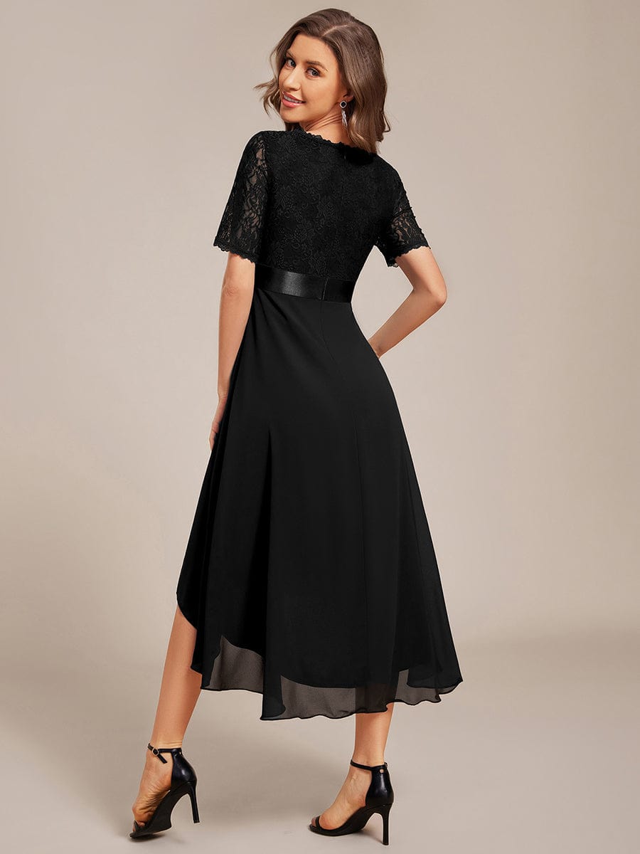 Half Sleeve Pleated V-Neck Lace Midi Wedding Guest Dress #color_Black