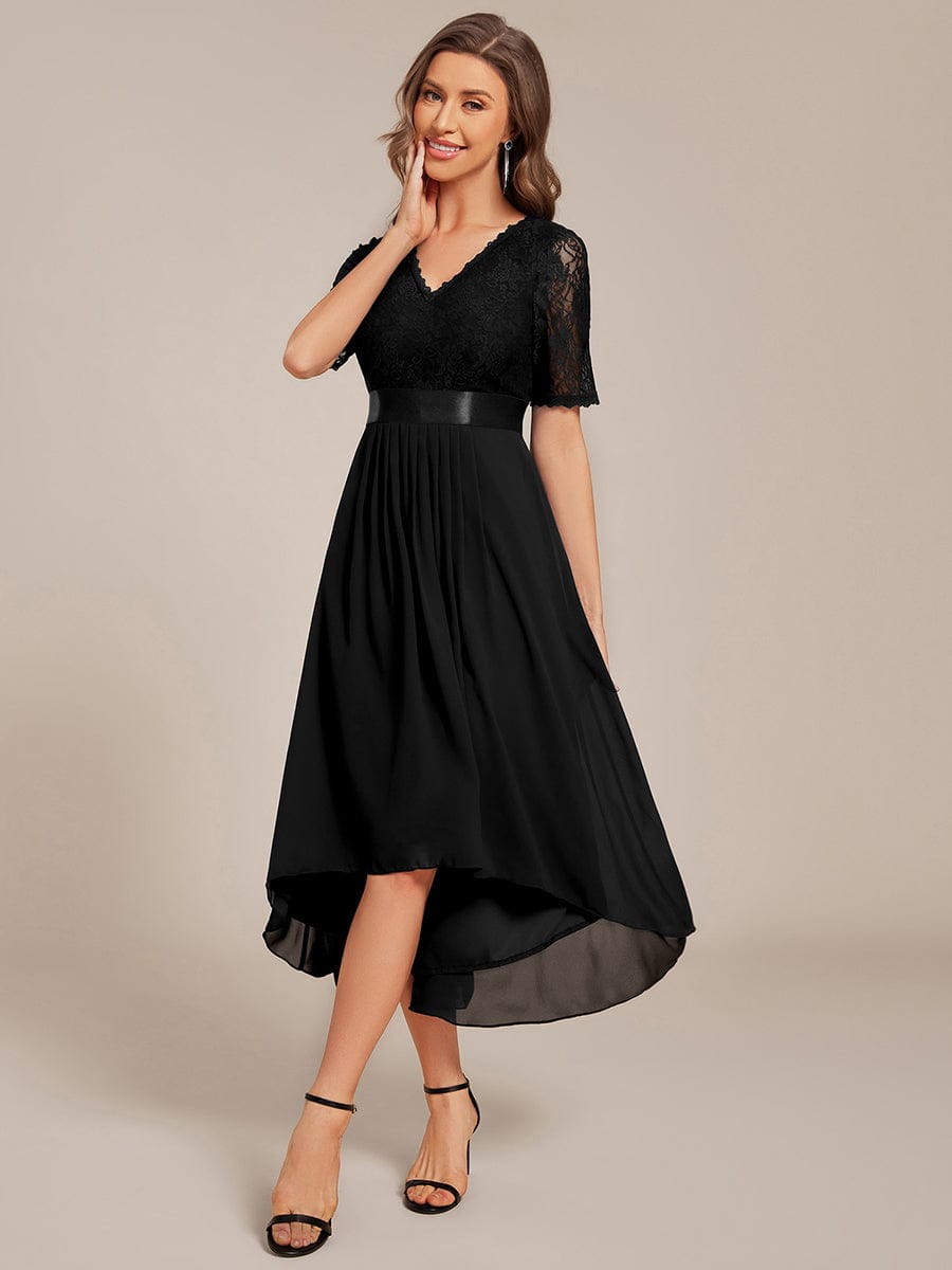 Half Sleeve Pleated V-Neck Lace Midi Wedding Guest Dress #color_Black