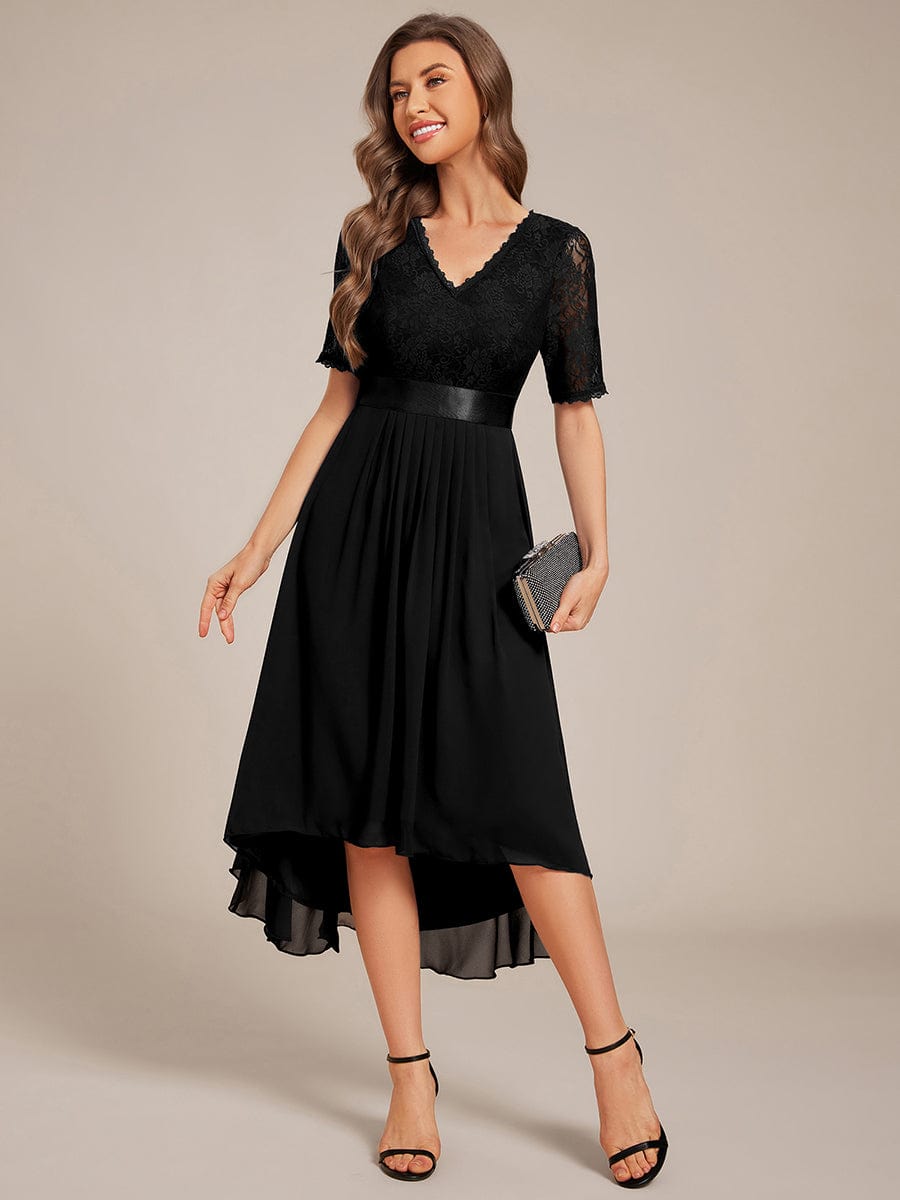 Half Sleeve Pleated V-Neck Lace Midi Wedding Guest Dress #color_Black