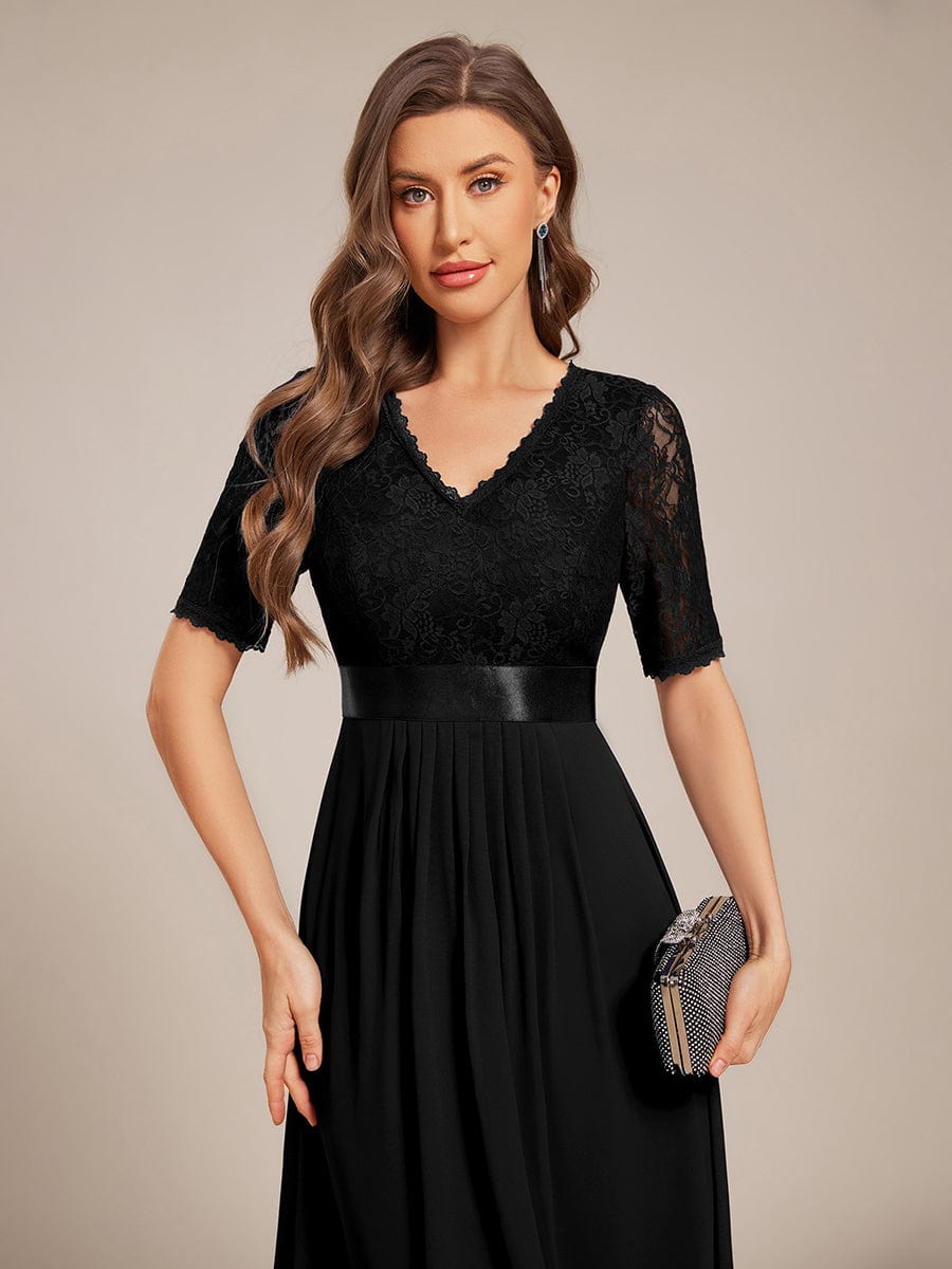 Half Sleeve Pleated V-Neck Lace Midi Wedding Guest Dress #color_Black