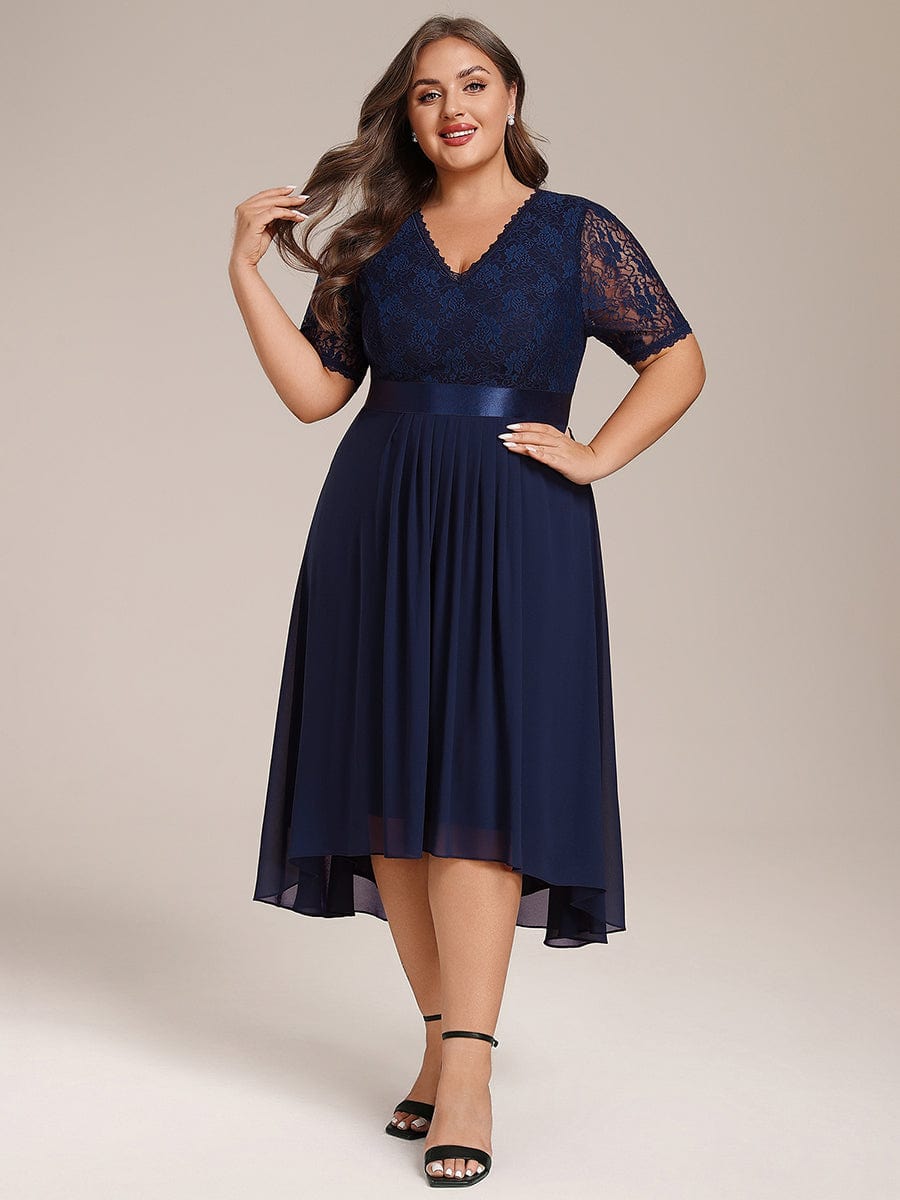 Half Sleeve Pleated V-Neck Lace Midi Wedding Guest Dress #color_Navy Blue