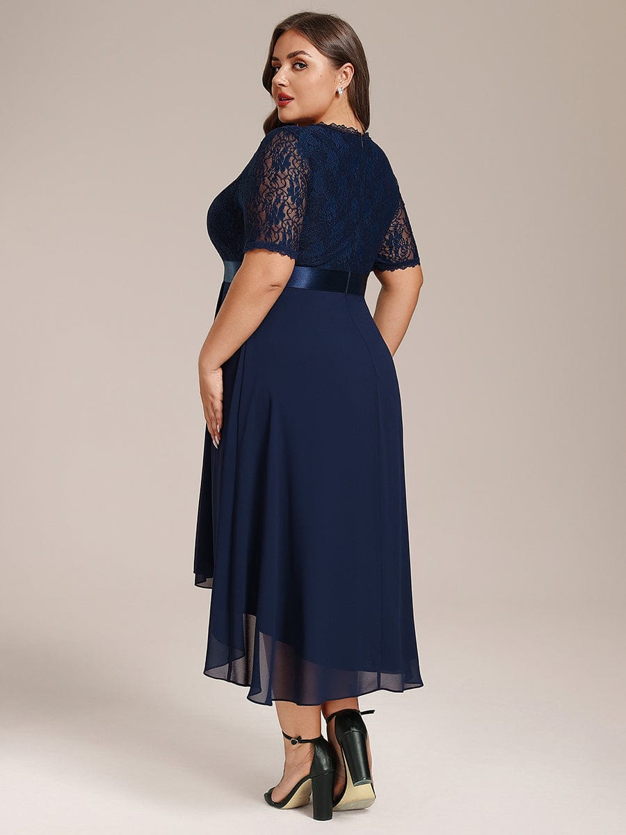 Plus Size Half Sleeve Lace Pleated V-Neck Midi Wedding Guest Dress #color_Navy Blue