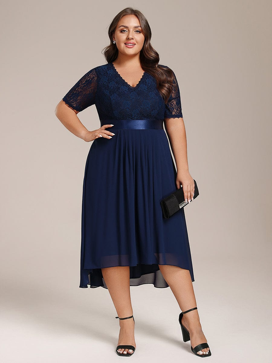 Plus Size Half Sleeve Lace Pleated V-Neck Midi Wedding Guest Dress #color_Navy Blue