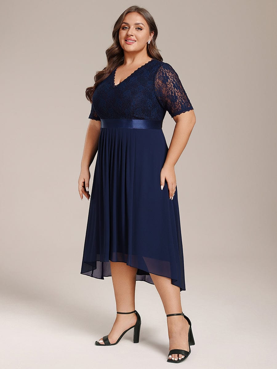 Half Sleeve Pleated V-Neck Lace Midi Wedding Guest Dress #color_Navy Blue