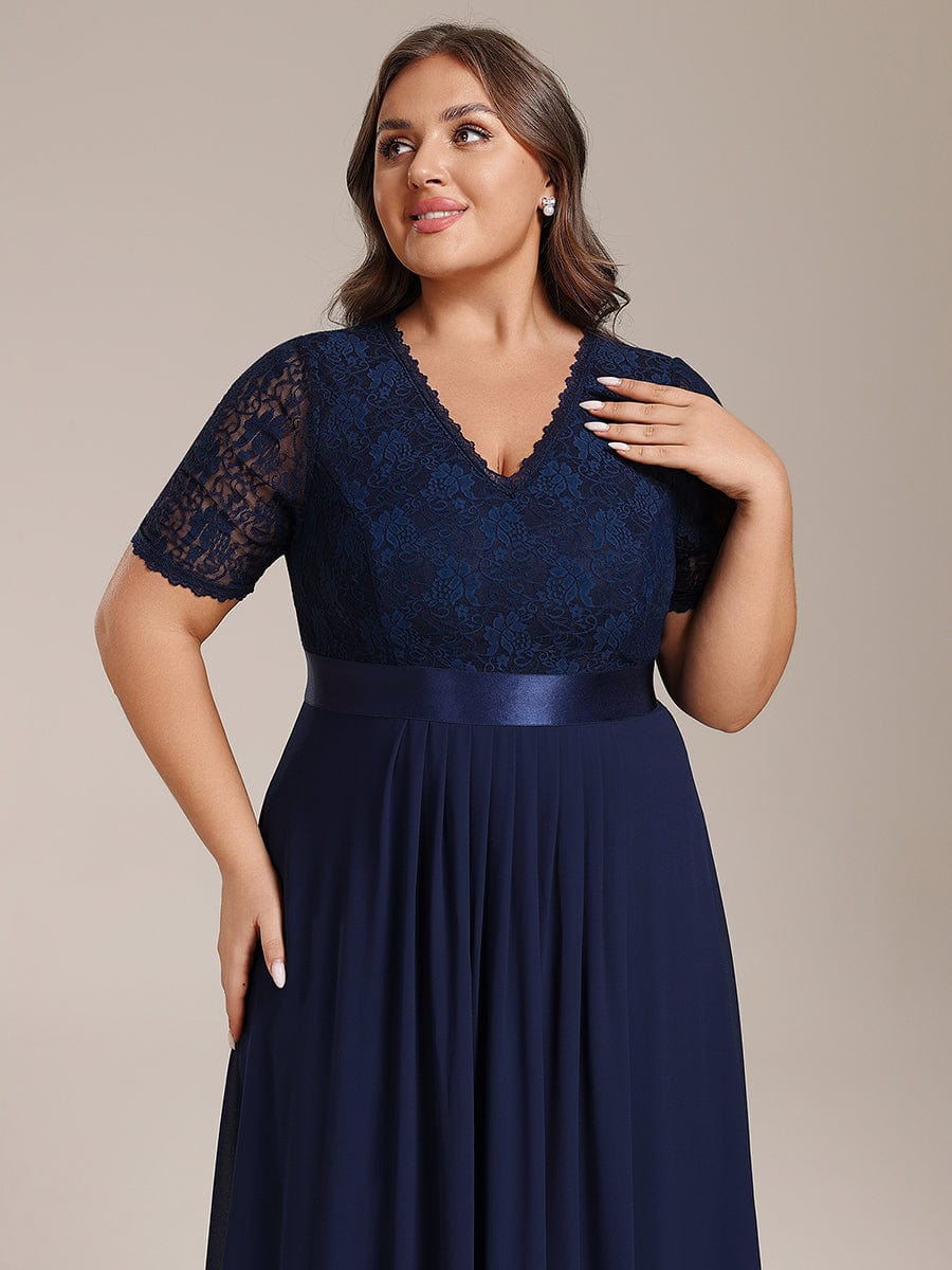 Plus Size Half Sleeve Lace Pleated V-Neck Midi Wedding Guest Dress #color_Navy Blue