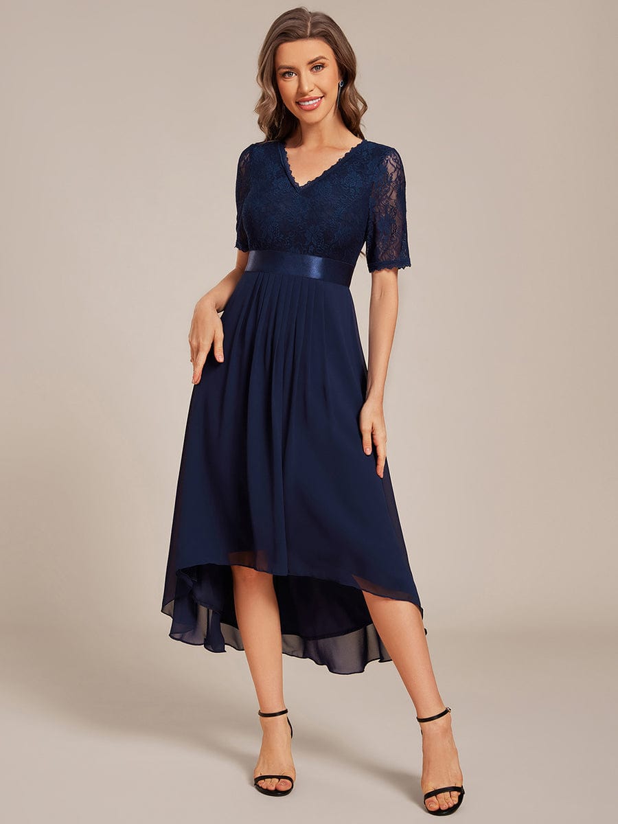 Half Sleeve Pleated V-Neck Lace Midi Wedding Guest Dress #color_Navy Blue