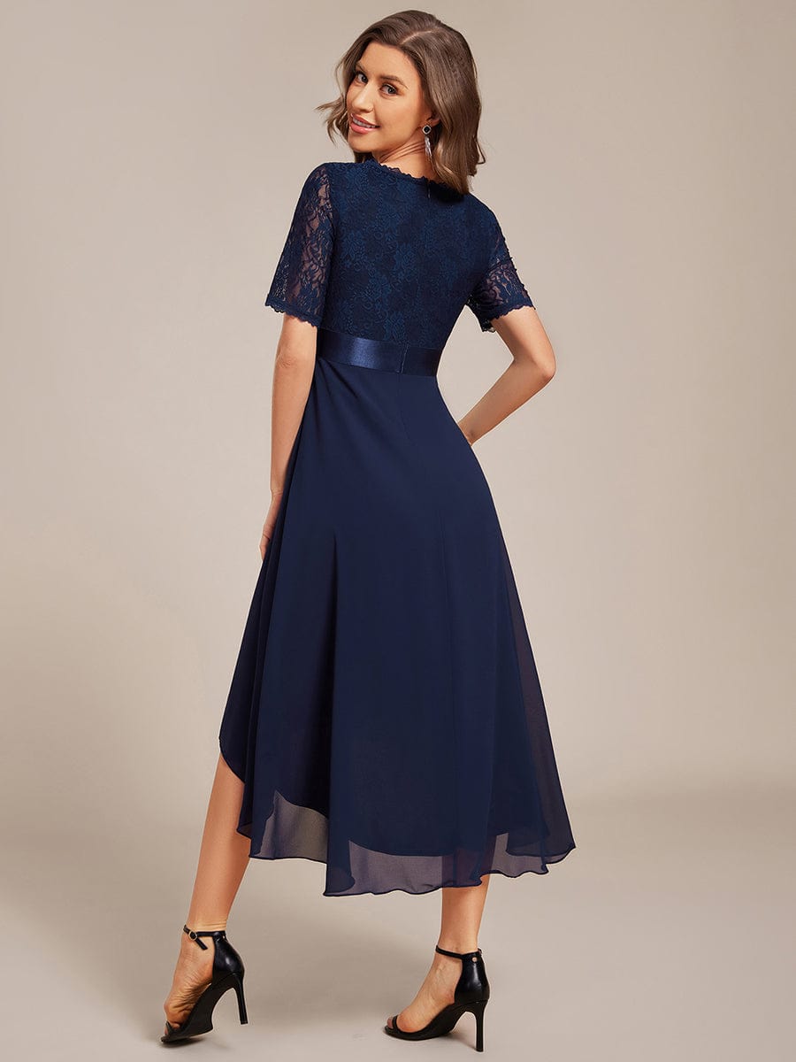 Half Sleeve Pleated V-Neck Lace Midi Wedding Guest Dress #color_Navy Blue