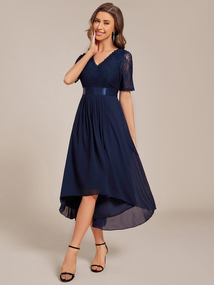 Half Sleeve Pleated V-Neck Lace Midi Wedding Guest Dress #color_Navy Blue