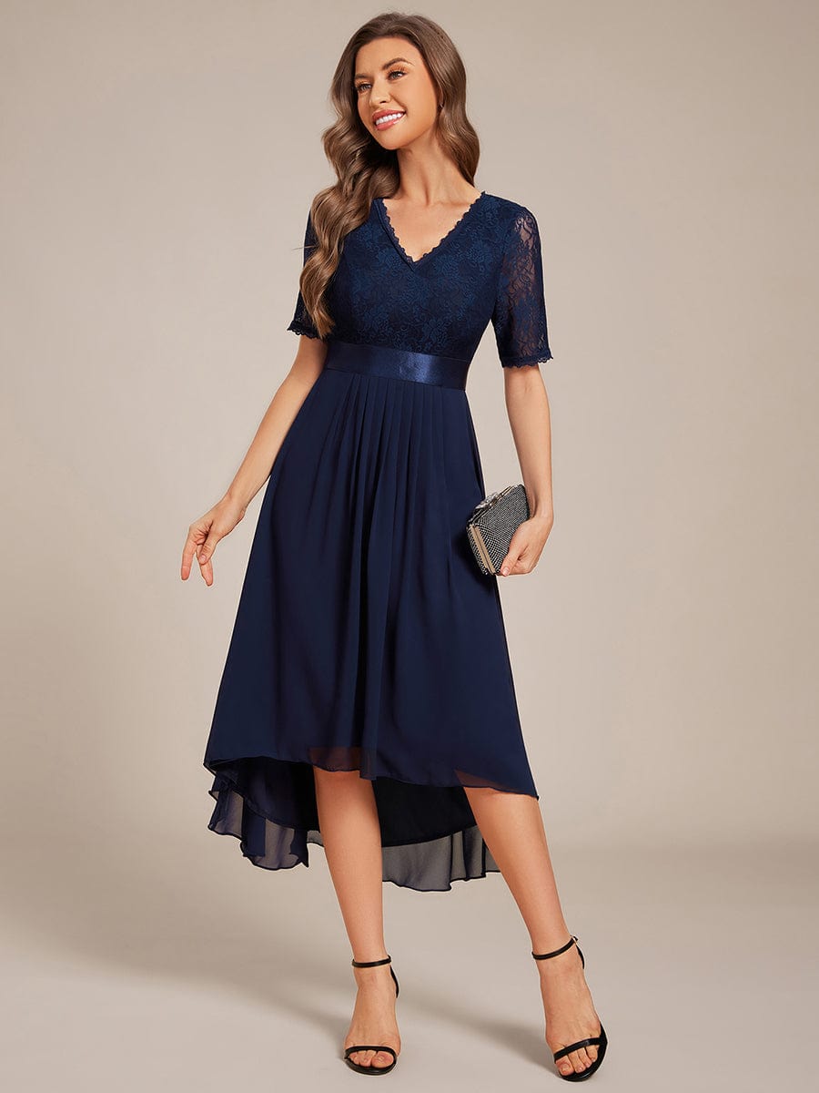 Half Sleeve Pleated V-Neck Lace Midi Wedding Guest Dress #color_Navy Blue