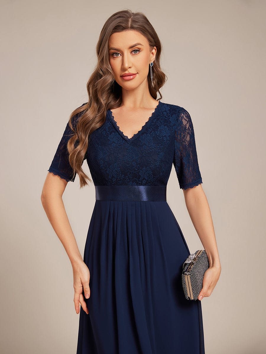 Half Sleeve Pleated V-Neck Lace Midi Wedding Guest Dress #color_Navy Blue