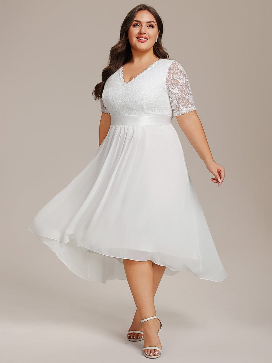 Half Sleeve Pleated V-Neck Lace Midi Wedding Guest Dress #color_White