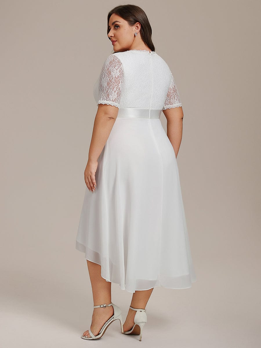 Half Sleeve Pleated V-Neck Lace Midi Wedding Guest Dress #color_White