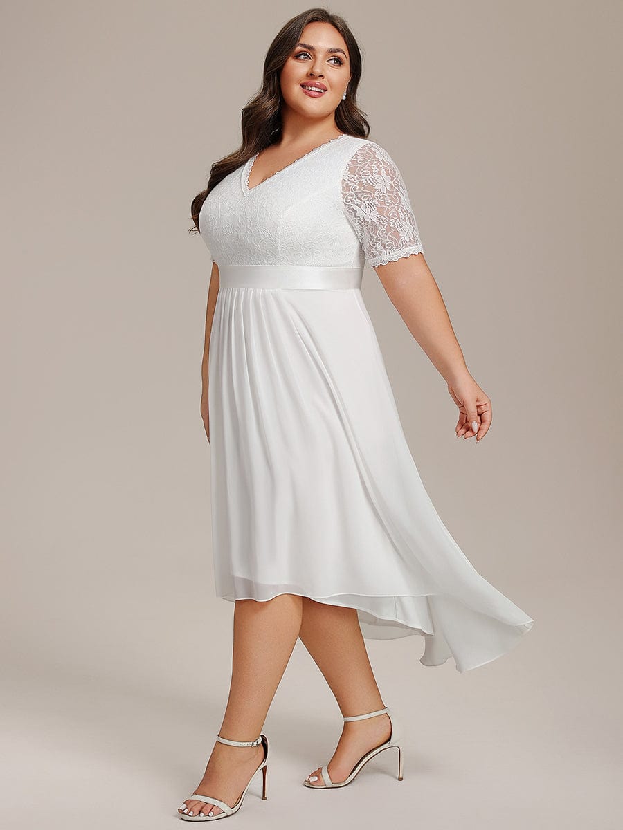 Half Sleeve Pleated V-Neck Lace Midi Wedding Guest Dress #color_White