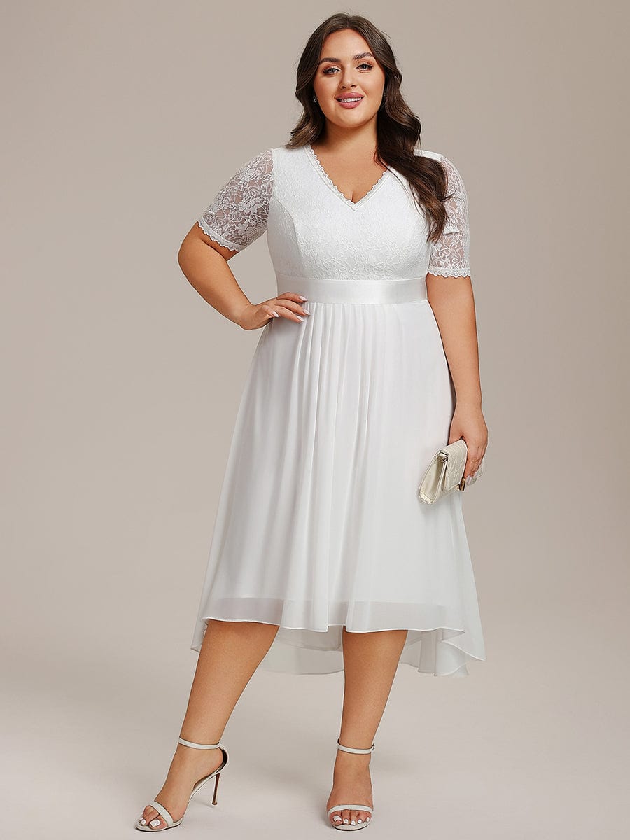 Half Sleeve Pleated V-Neck Lace Midi Wedding Guest Dress #color_White