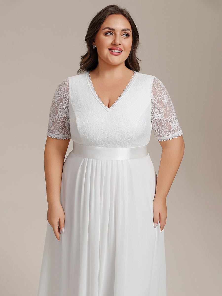 Plus Size Half Sleeve Lace Pleated V-Neck Midi Wedding Guest Dress #color_White