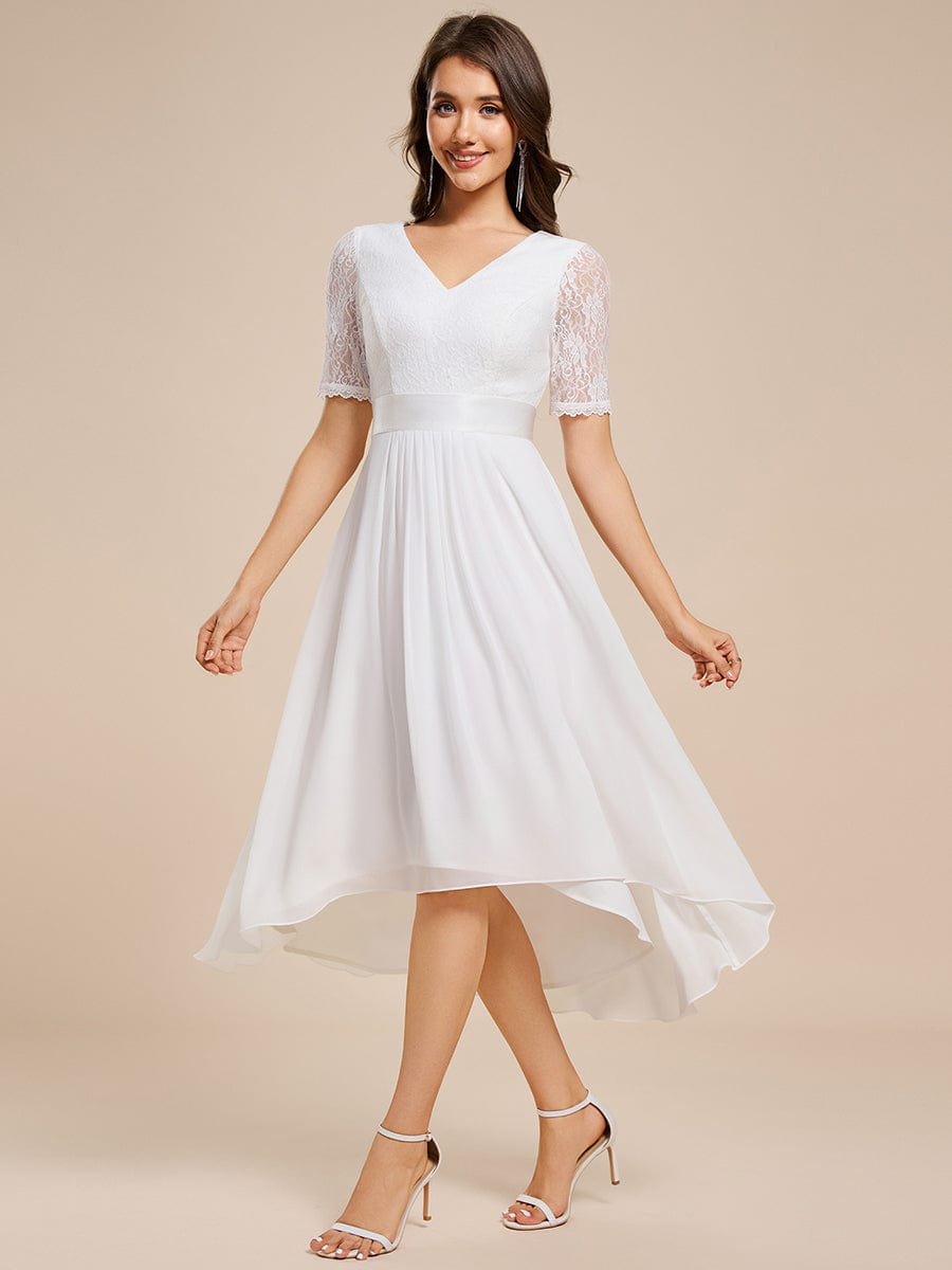 Half Sleeve Pleated V-Neck Lace Midi Wedding Guest Dress #color_White