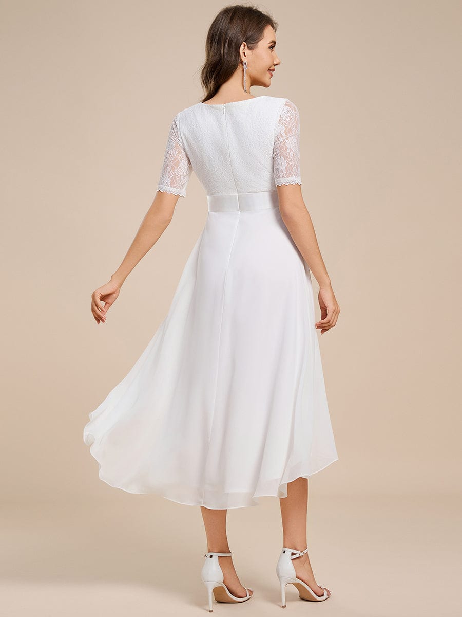 Half Sleeve Pleated V-Neck Lace Midi Wedding Guest Dress #color_White