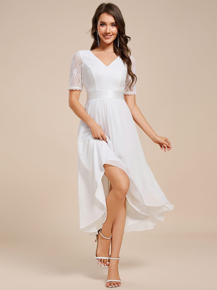 Half Sleeve Pleated V-Neck Lace Midi Wedding Guest Dress #color_White