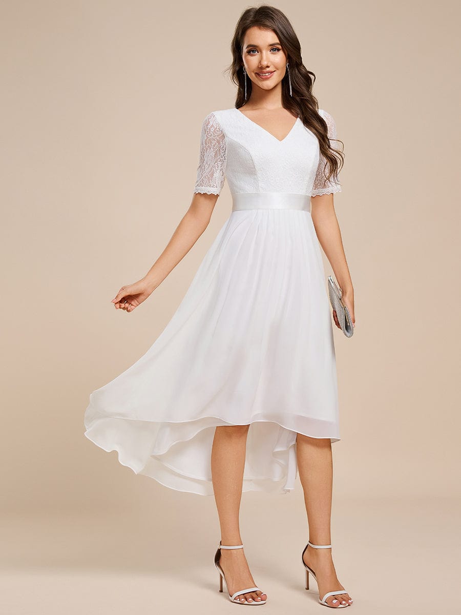 Half Sleeve Pleated V-Neck Lace Midi Wedding Guest Dress #color_White