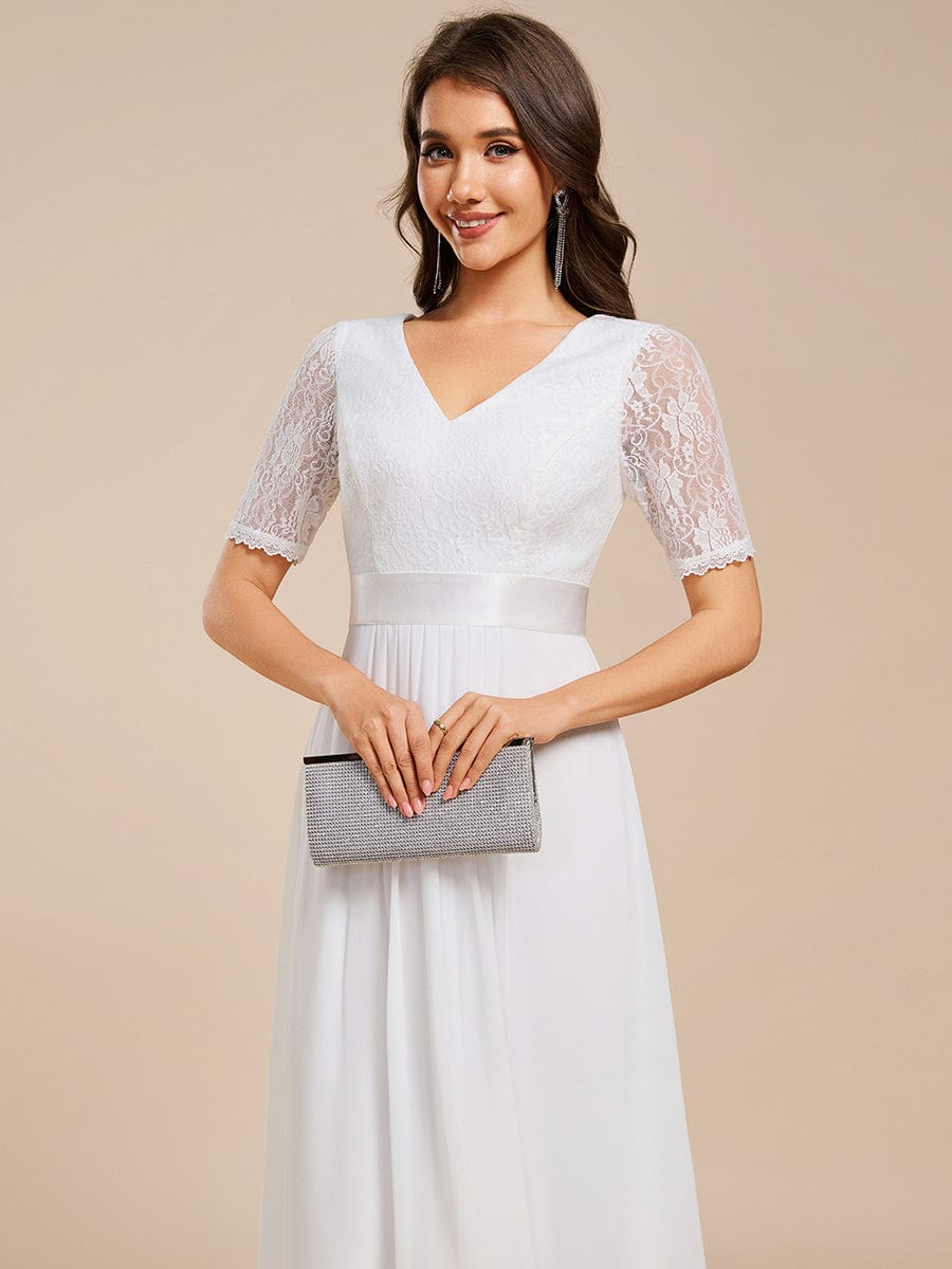 Half Sleeve Pleated V-Neck Lace Midi Wedding Guest Dress #color_White