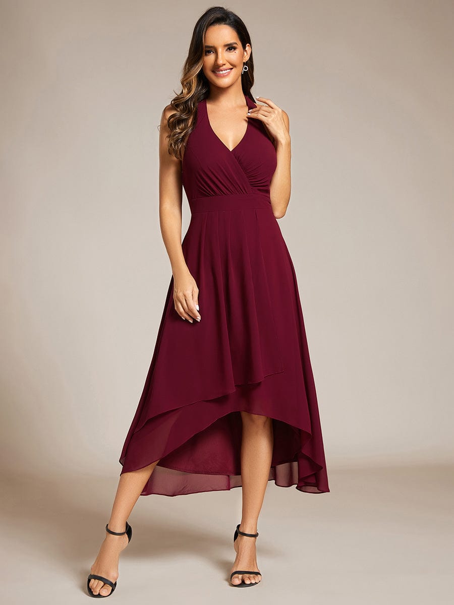 Lace-up Halterneck Backless High Low Wedding Guest Dress in Chiffon #color_Burgundy