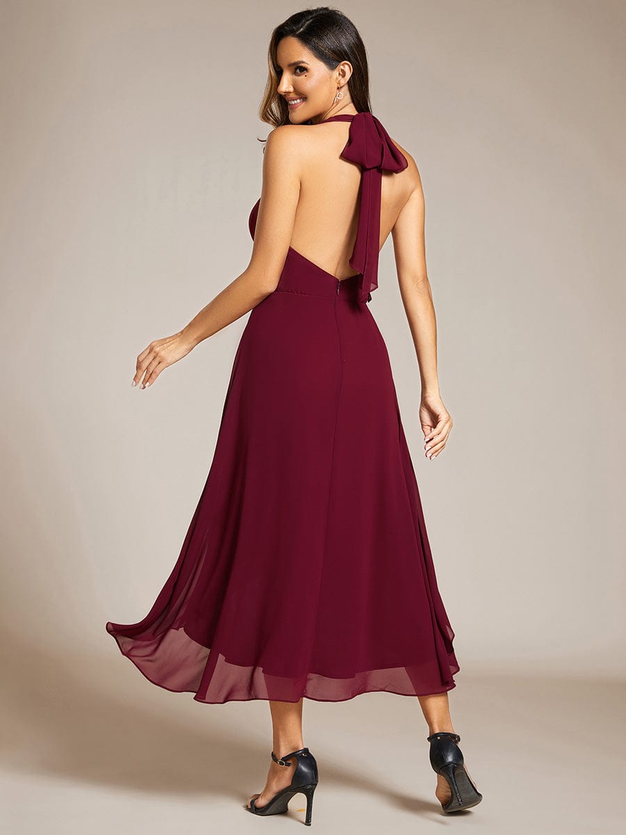 Lace-up Halterneck Backless High Low Wedding Guest Dress in Chiffon #color_Burgundy