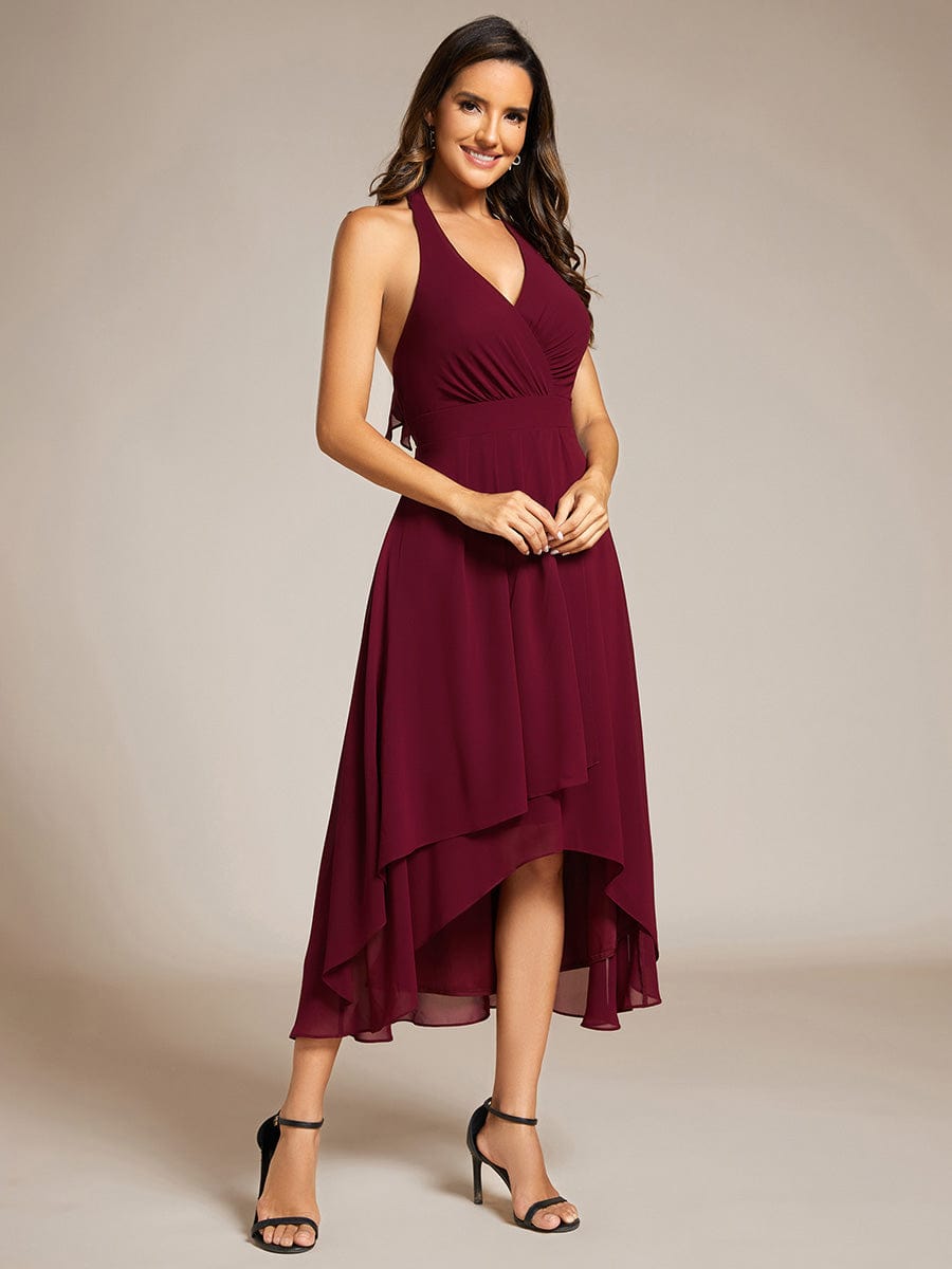 Lace-up Halterneck Backless High Low Wedding Guest Dress in Chiffon #color_Burgundy