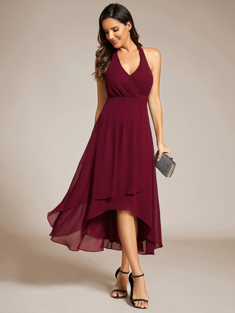 Lace-up Halterneck Backless High Low Wedding Guest Dress in Chiffon #color_Burgundy