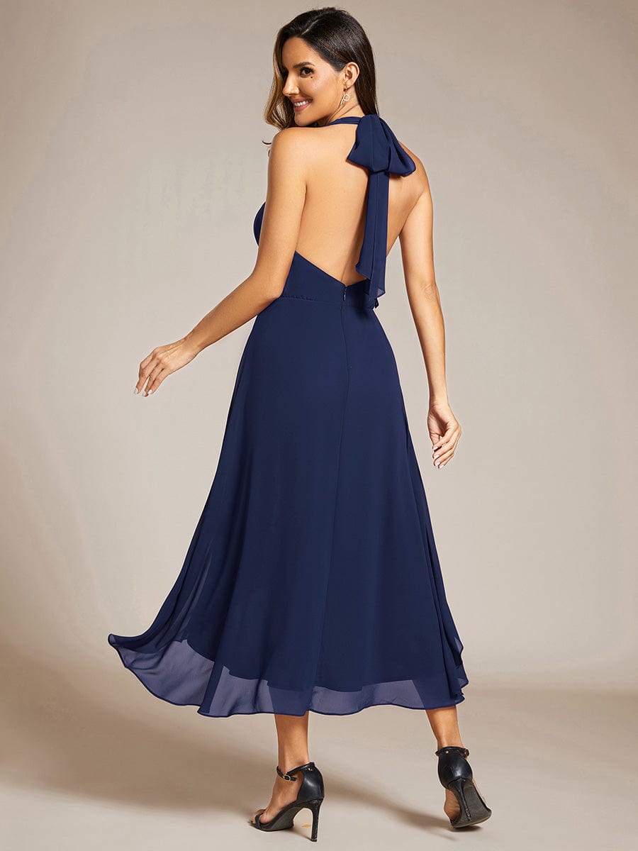 Lace-up Halterneck Backless High Low Wedding Guest Dress in Chiffon #color_Navy Blue