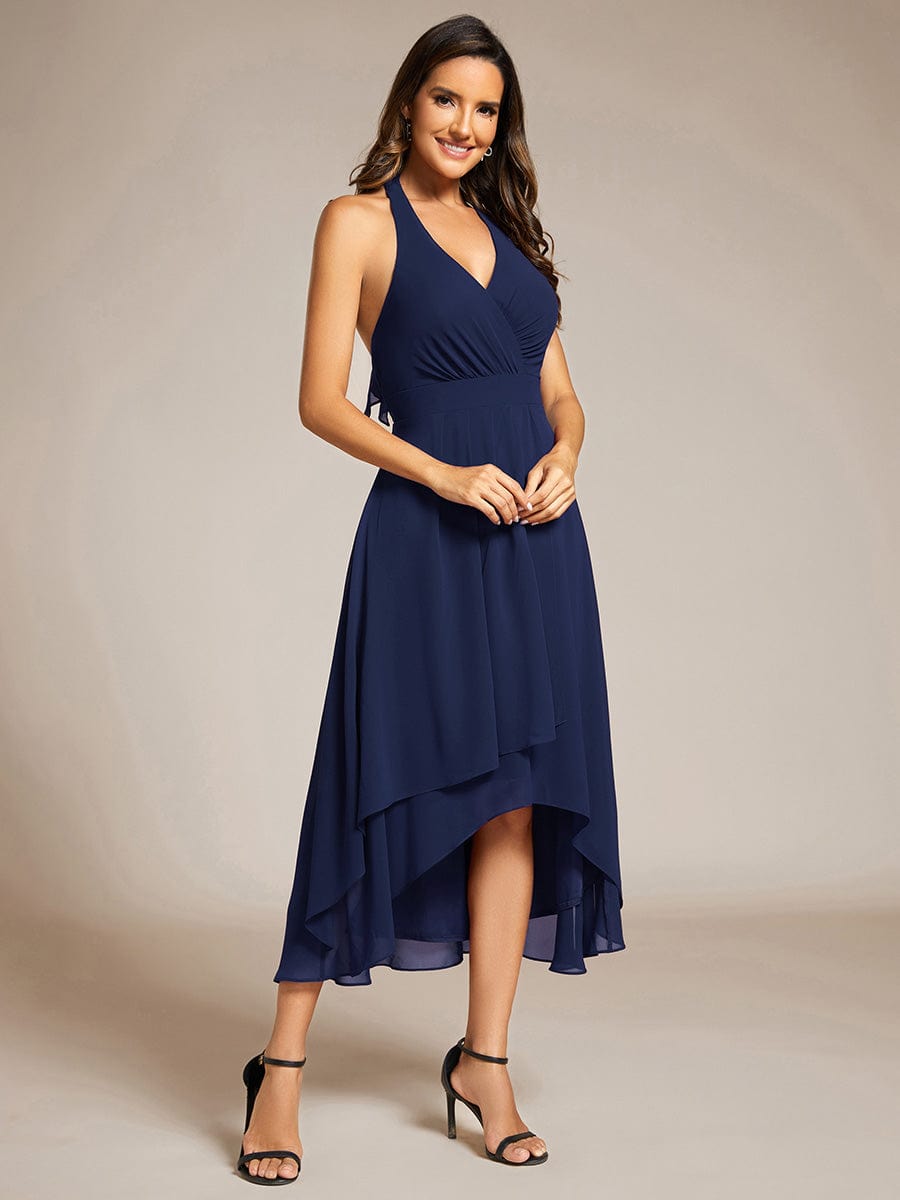 Lace-up Halterneck Backless High Low Wedding Guest Dress in Chiffon #color_Navy Blue