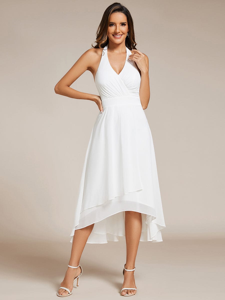 Lace-up Halterneck Backless High Low Wedding Guest Dress in Chiffon #color_White