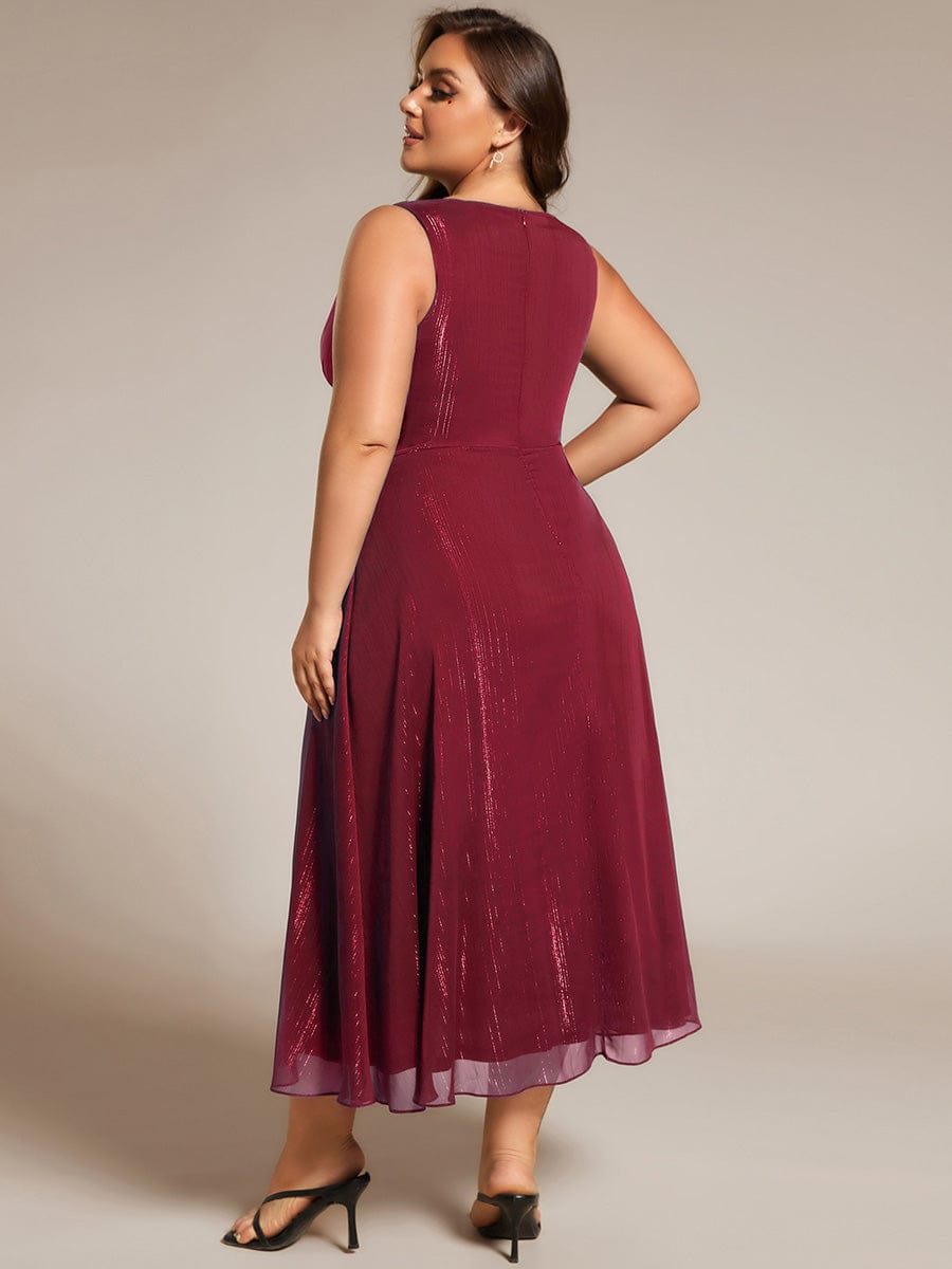 Glitter Sleeveless A-Line Midi Wedding Guest Dress with Ruffled Hem #color_Burgundy