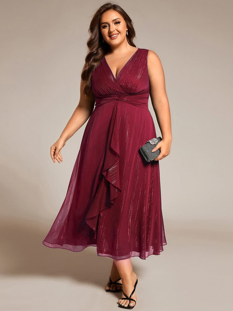 Plus Size Sleeveless Glittery Ruffled V-Neck Midi Wedding Guest Dress #color_Burgundy