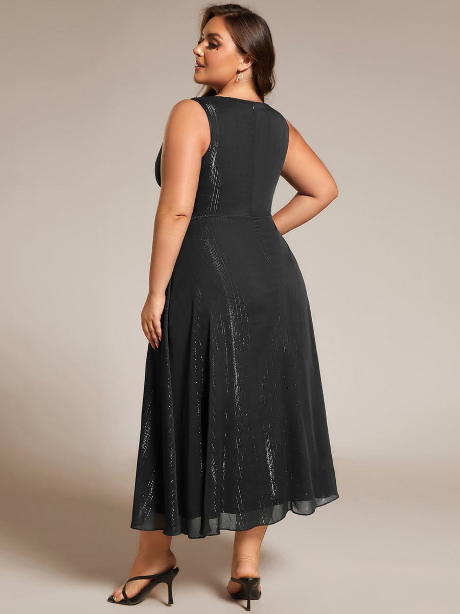 Plus Size Sleeveless Glittery Ruffled V-Neck Midi Wedding Guest Dress #color_Black