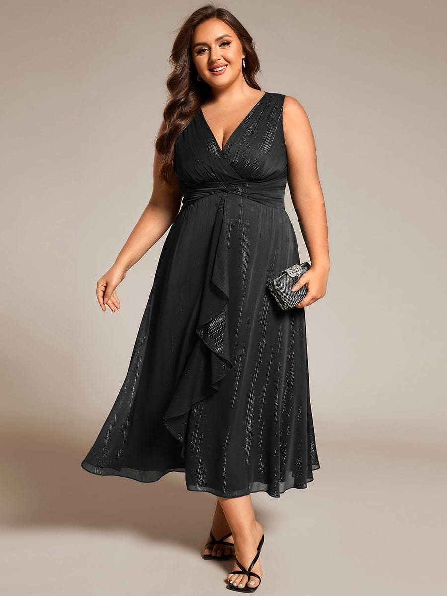Plus Size Sleeveless Glittery Ruffled V-Neck Midi Wedding Guest Dress #color_Black