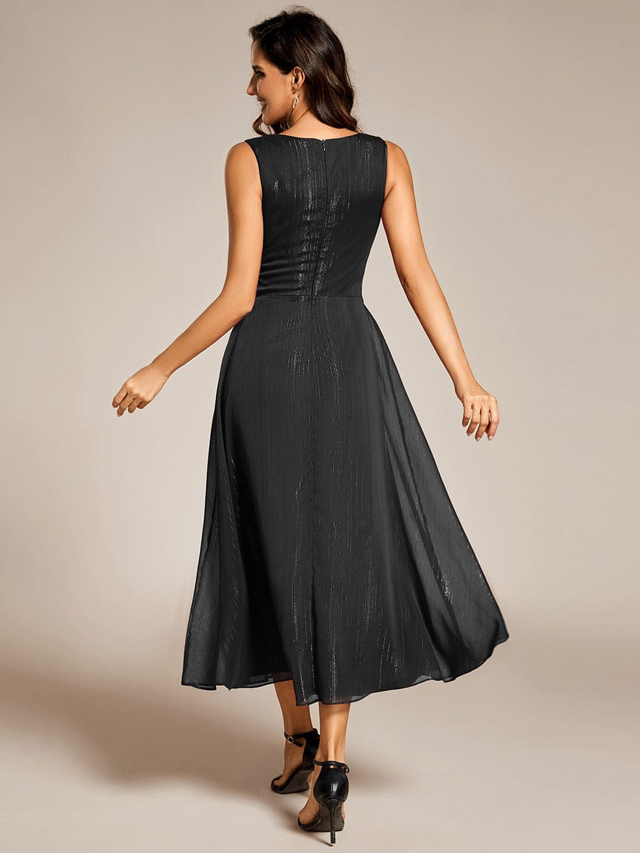 See-Through Long Sleeve Twist Knot A-Line Lotus Leaf Shimmering Evening Dress #color_Black