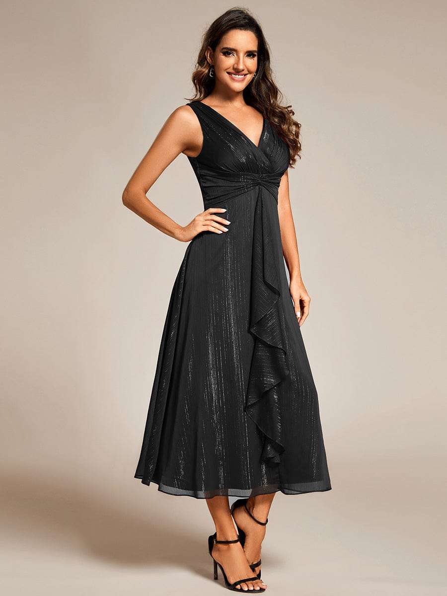 See-Through Long Sleeve Twist Knot A-Line Lotus Leaf Shimmering Evening Dress #color_Black