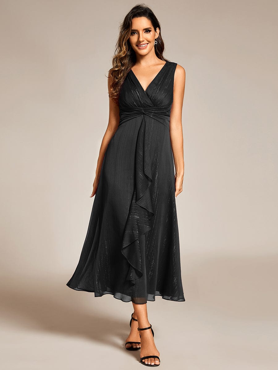 See-Through Long Sleeve Twist Knot A-Line Lotus Leaf Shimmering Evening Dress #color_Black