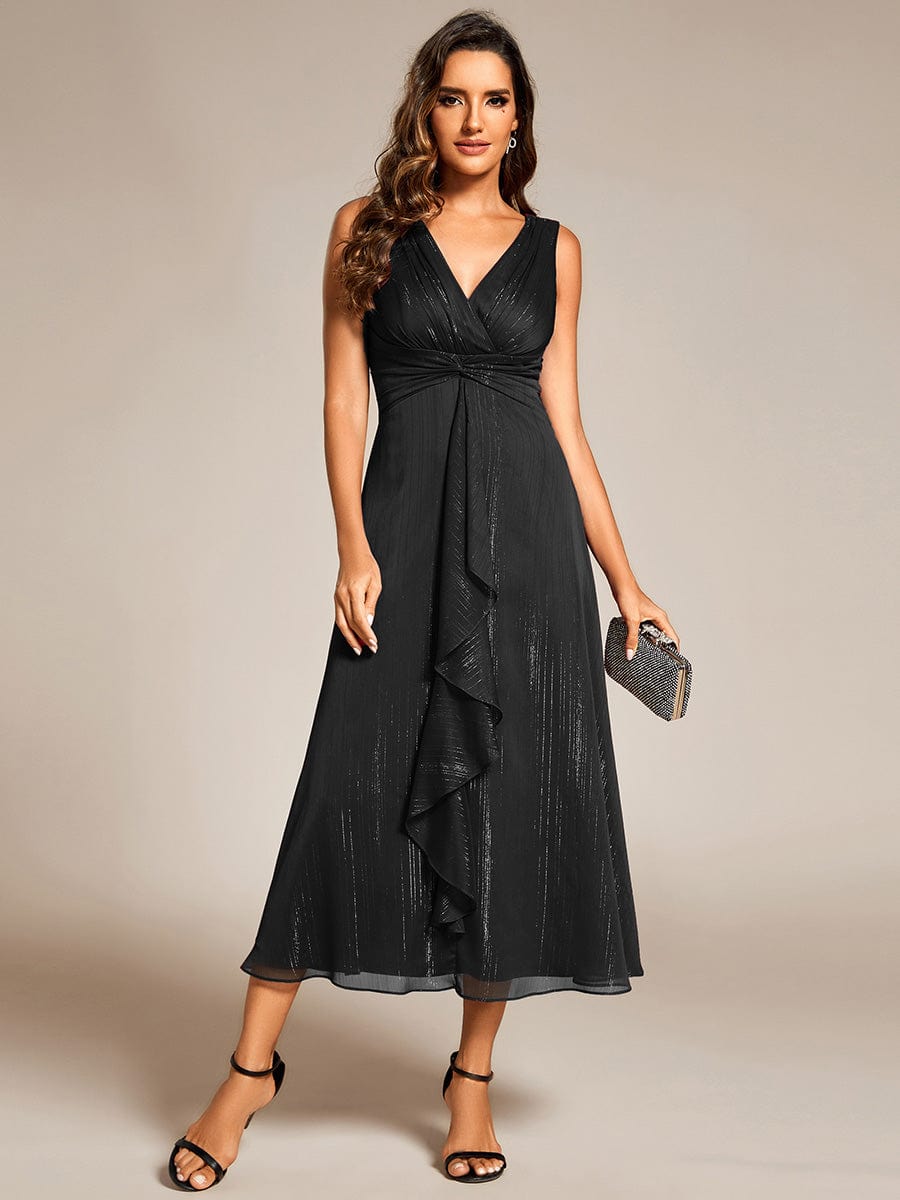 See-Through Long Sleeve Twist Knot A-Line Lotus Leaf Shimmering Evening Dress #color_Black