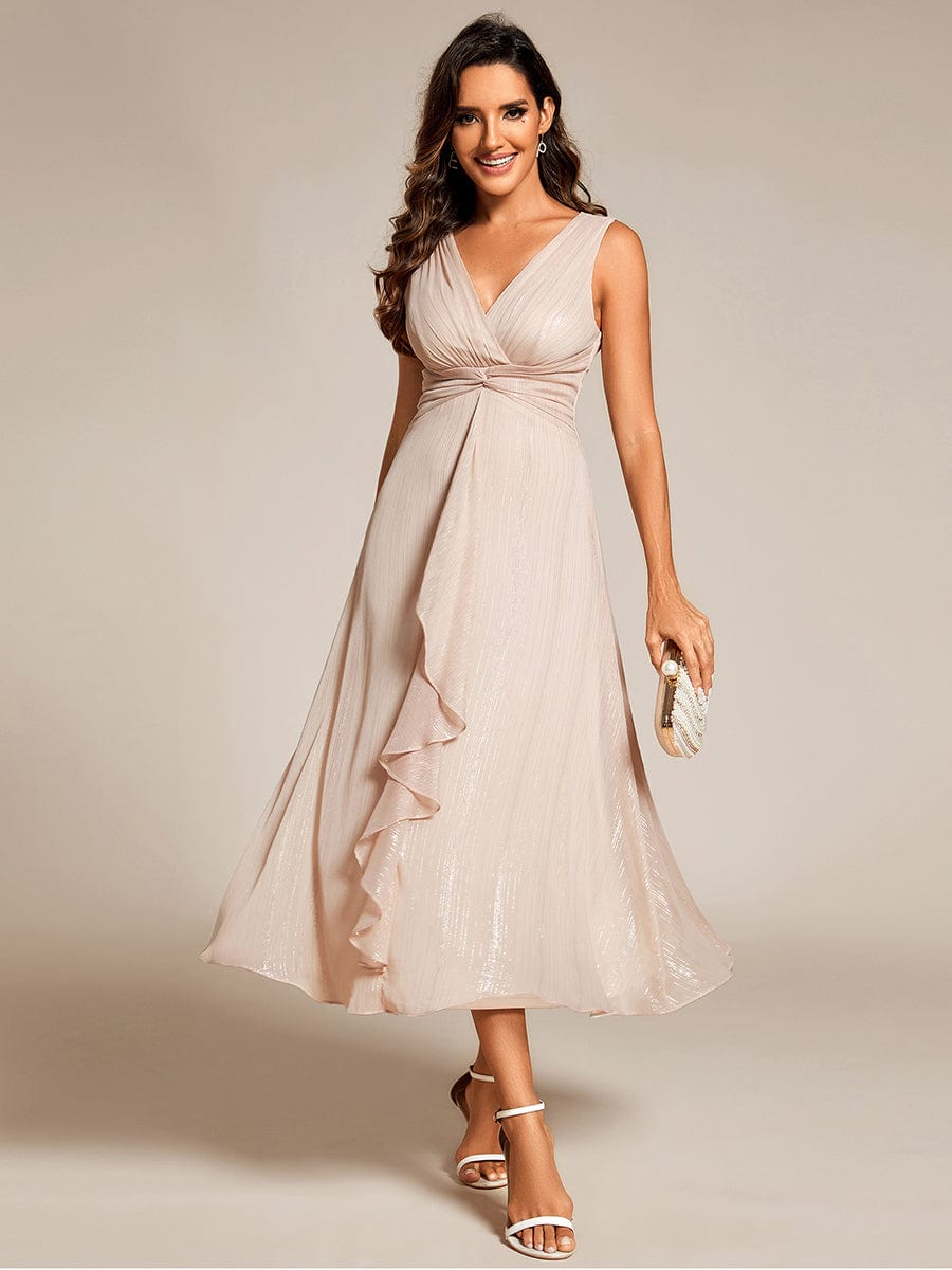 Glitter Twist Knot See-Through Long Sleeve Wedding Guest Dress #color_Champagne