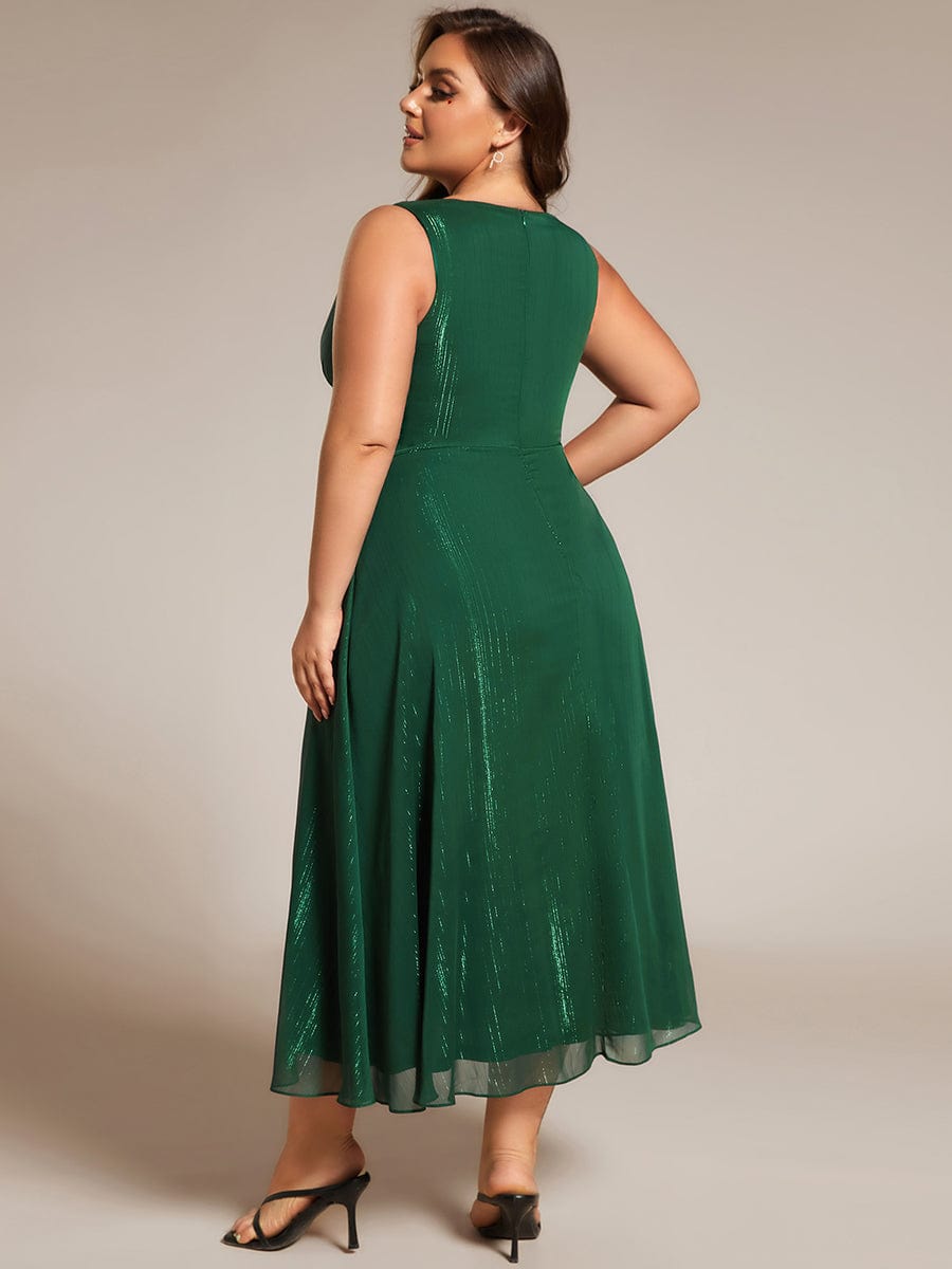 Plus Size Sleeveless Glittery Ruffled V-Neck Midi Wedding Guest Dress #color_Dark Green
