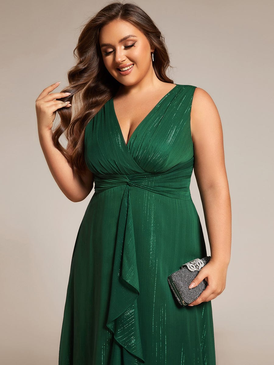 Plus Size Sleeveless Glittery Ruffled V-Neck Midi Wedding Guest Dress #color_Dark Green