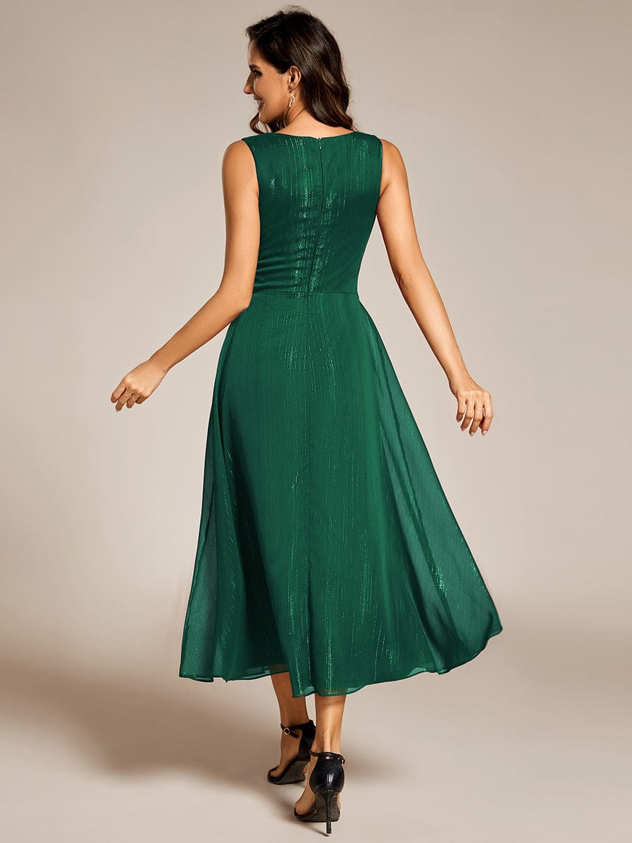 See-Through Long Sleeve Twist Knot A-Line Lotus Leaf Shimmering Evening Dress #color_Dark Green