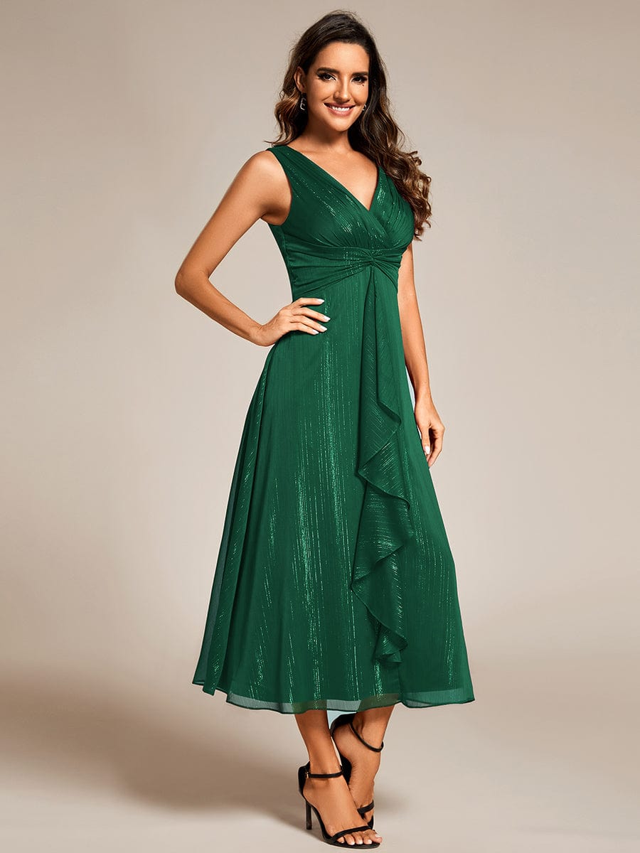 See-Through Long Sleeve Twist Knot A-Line Lotus Leaf Shimmering Evening Dress #color_Dark Green