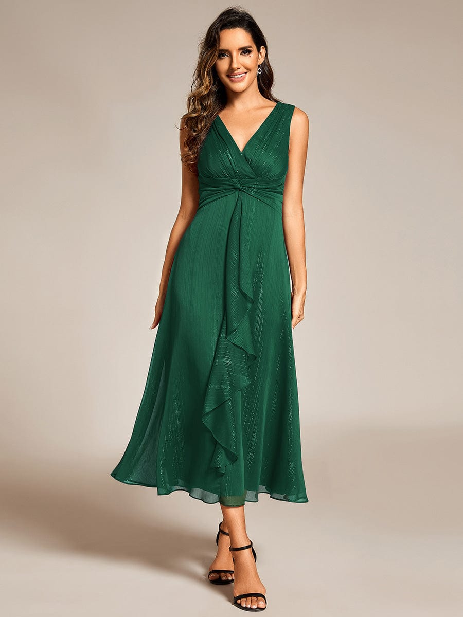 See-Through Long Sleeve Twist Knot A-Line Lotus Leaf Shimmering Evening Dress #color_Dark Green