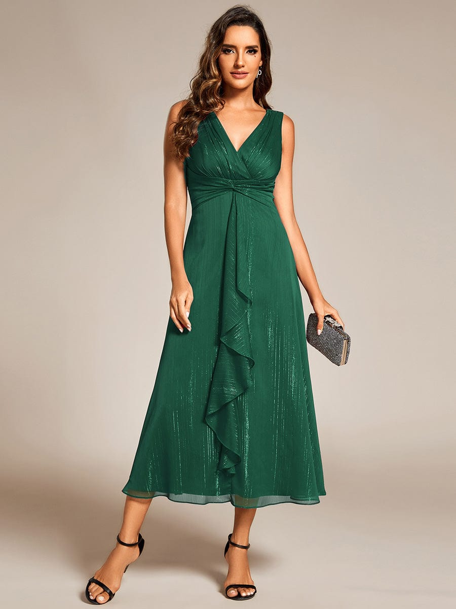 Glitter Sleeveless A-Line Midi Wedding Guest Dress with Ruffled Hem #color_Dark Green