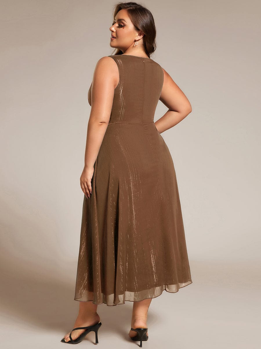 Custom Size Glitter Sleeveless A-Line Midi Wedding Guest Dress with Ruffled Hem #color_Brown